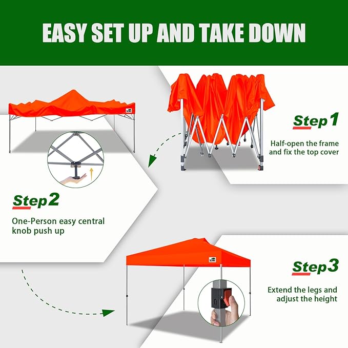 Eurmax USA NOMATTER ONE-Person Open&Close 10x10ft Pop Up Canopy Tent，Portable Shelter Canopy for Outdoor Events，Instant Canopies, Temporary Sunshade,Bonus 4 Sand Bags(Hi-Vis Orange)