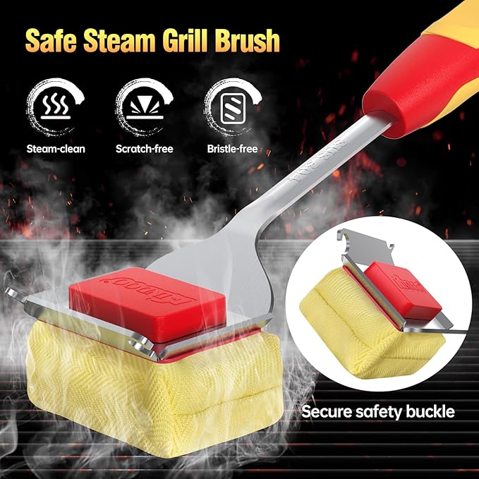 Grill Brush Bristle Free for Outdoor Grill, Steam Grill Cleaning Brush Replaceable BBQ Cleaner Brush Head,Extended Handle, Safe Grill Brush with Scraper for Cast Iron Stainless-Steel Grates,Deep Red