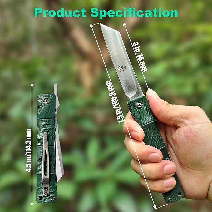 KATSU Folding Pocket Knife with Clip D2 Steel Blade,Handmade Camping Knives for Men Liner Lock G10 Handle Anti-slip Bamboo Style,Japanese Sharp Edc Pocket Knife with Sheath Hiking higonokami