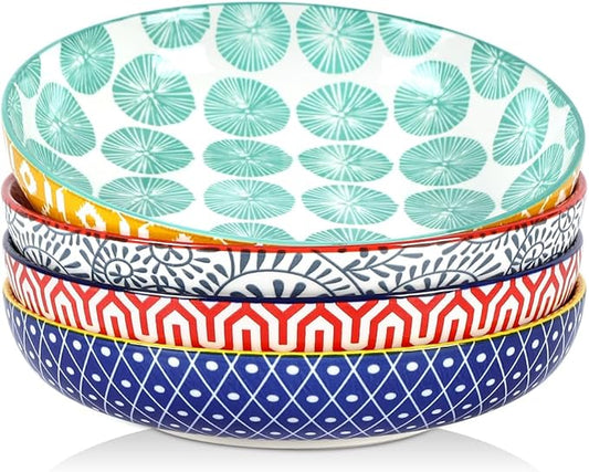 Selamica Ceramic Pasta Bowls Set of 4, 34 OZ Salad Bowls, 8.6 Inch Wide and Shallow Bowls, Microwave & Dishwasher Safe, Assorted Colors