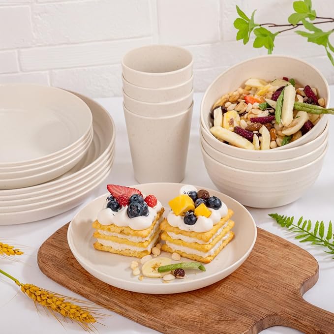 Supernal 16pcs Beige Kitchen Plastic Wheat Straw Dinnerware Sets - Plates and Bowls Sets, Unbreakable Dinnerware Set Dishwasher Safe Plates, Reusable Dish Set for Kitchen & Camping & Daily use