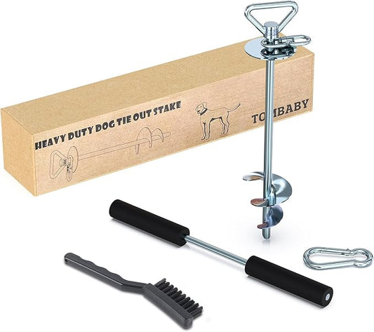 TOMBABY Dog Tie Out Stake-Heavy Duty 304 Stainless Steel Dog Runner, Ground Anchor with 360° Swivel & Anti-Tangle,Use Any for to 150LBS Dogs- Dog Stakes for Outside Camping, Suitable for Any Dog Cable