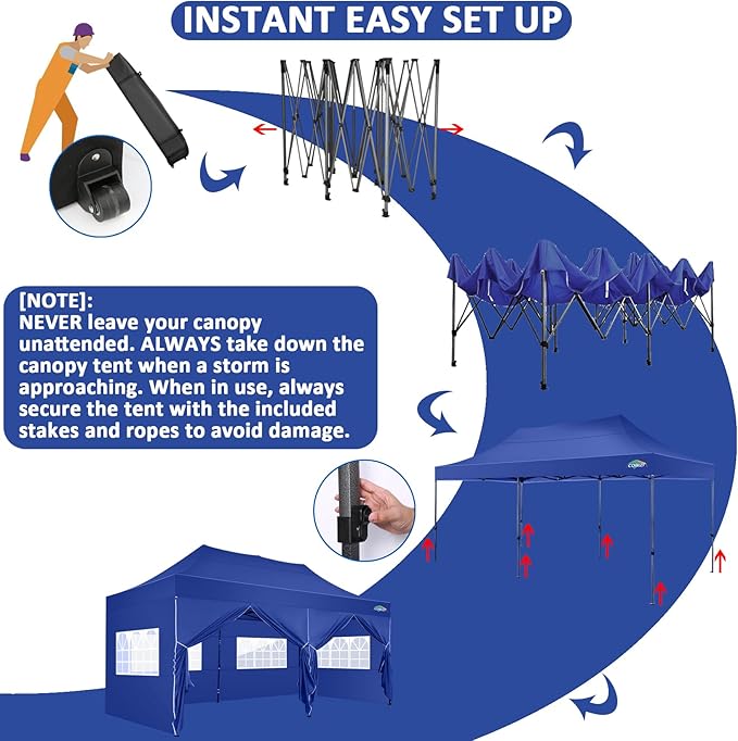 COBIZI 10x20 Pop Up Canopy with 6 Sidewall,Heavy Duty Canopy UPF 50+ All Season Wind Waterproof Commercial Outdoor Wedding Party Tents for Parties Gazebo with Roller Bag(10 x 20 ft Dark Blue)