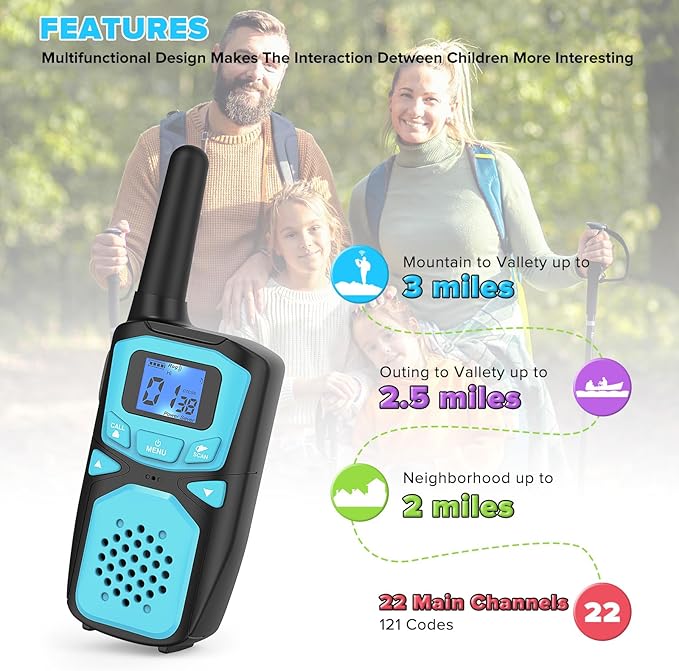 WokTok Kids Adult Suitable Walkie Talkie, Rechargeable, Outdoor Camping Game Toys, Birthday Gift, Suitable for 8-12 3-5 Years Old Boys and Girls 2-Way Long Distance Radio, 4 Packs