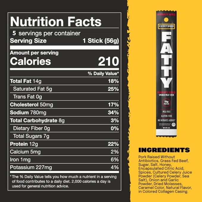 FATTY Meat Sticks, Made with Grass Fed Beef, Pork Raised Without Antibiotics, 11g Protein Per Stick, Honey BBQ, 2 oz. (Pack of 5)