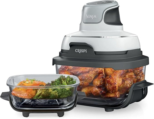 Ninja FN100WH Crispi Air Fryer, Microwave, Freezer & Dishwasher Safe, Non Toxic Glass Portable Cooking System, 4 QT & 5 Cup Glass Containers with Storage Lids, Easy Meals, White (Renewed)