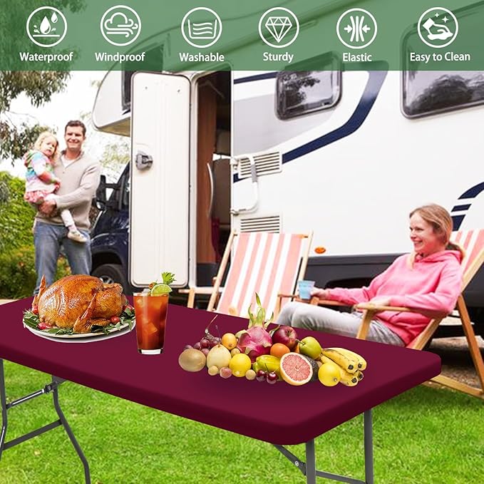 8 Foot Picnic Table Cover Fitted 10 Pack Elastic Tablecloth for Rectangle Tables Waterproof Stretch Washable Folding Indoor Outdoor Spandex Table Cloth for Parties Banquet Camping (Wine Red,30" x 96")
