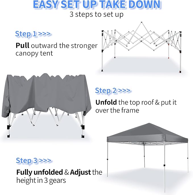 Pop Up Canopy 8X8 FT,Portable Sun Instant Shelter w/Backpack Bag,Waterproof,Adjustable Straight Leg Heights Canopies,Outdoor Tents for Parties,Camping,Commercial Event,Grey
