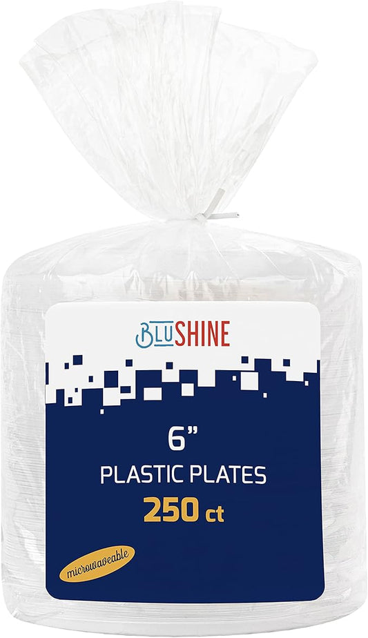 250 Pack - 6 Inch White Plastic Plates Disposable Strong and Sturdy