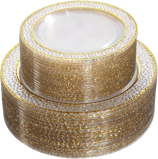 Nervure 102PCS Gold Plastic Plates - Disposable Clear Gold Party Plates Include 51PCS 10.25inch Dinner Plate & 51PCS 7.5inch Dessert Plate Perfect for Wedding & Party & Thanksgiving
