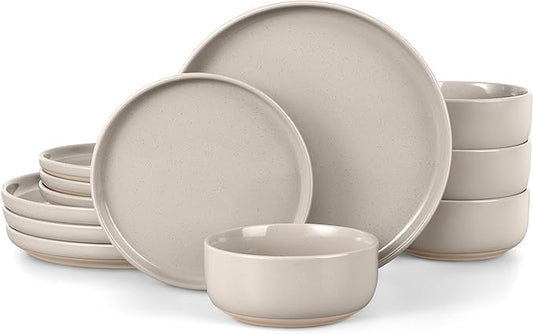 LIANYU Plates and Bowls Dish Sets for 4, 12PCS Stoneware Dinnerware Set, Speckled Dishware Includes Dinner Salad Plates, Cereal Bowls, Scratch Resistant, Milky Brown