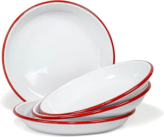 Red Co. Set of 4 Enamelware Metal 10” Round Camping Plates, Solid White/Red Rim