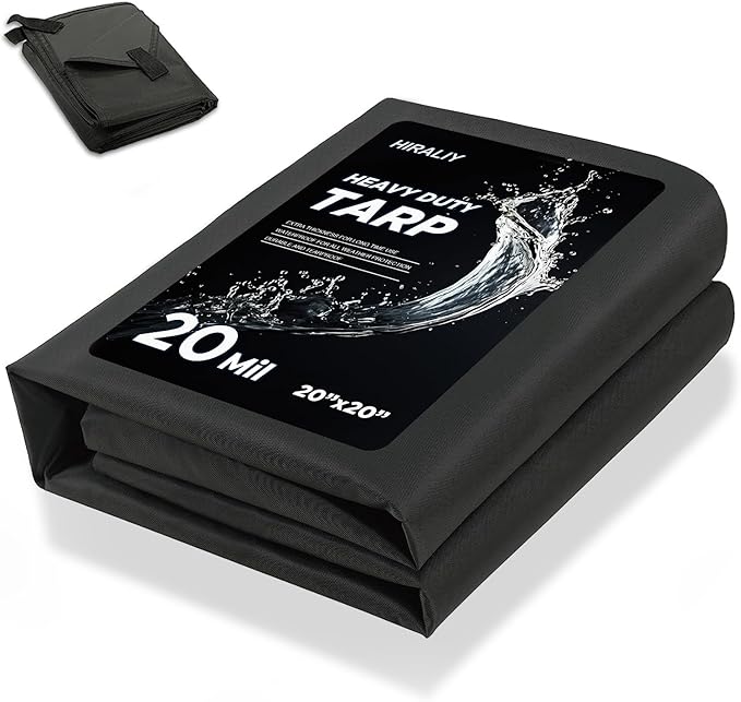 HIRALIY 20 Mil Heavy Duty Waterproof Tarp, 20x20ft Black Tarpaulin with Reinforced Webbing Loops, Multipurpose Oxford Canvas Tarp for Firewood, Roof, Camping, Pool