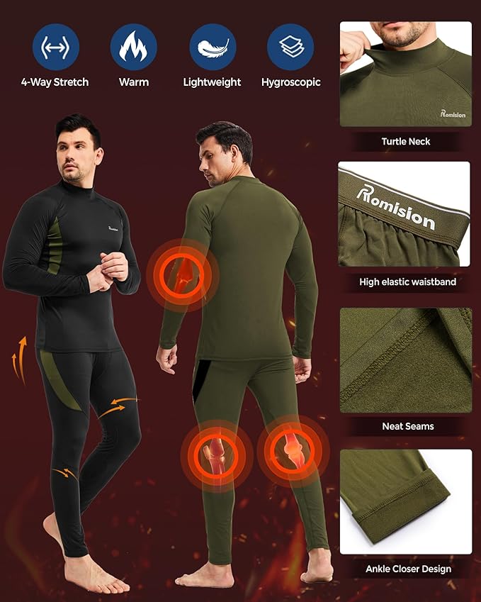 romision 2 Pack Thermal Underwear for Men Long Johns Fleece Lined Hunting Gear Bottom Top Set Base Layer Cold Weather XS-4XL