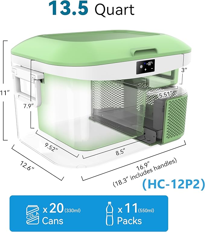 12 Volt Refrigerator Portable Car Freezer 13.5 Quart (12.8 Liter) Compressor Cooler 12V/24V DC 110～240 Volt AC for Truck Van RV Camper SUV Boat Travel Camping Road Trips Tailgating -18℃~+15℃