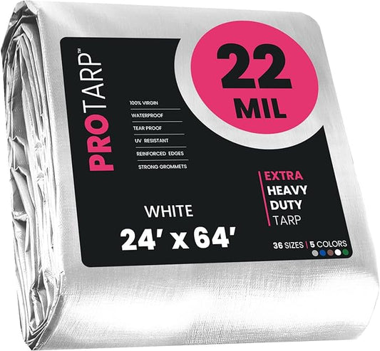 PROTARP Extreme Heavy Duty 22 Mil Tarp Cover, Waterproof, UV Resistant, Rip and Tear Proof, Poly Tarpaulin with Reinforced Edges for Roof, Camping, Patio, Pool, Boat. (White 24′ X 64′)