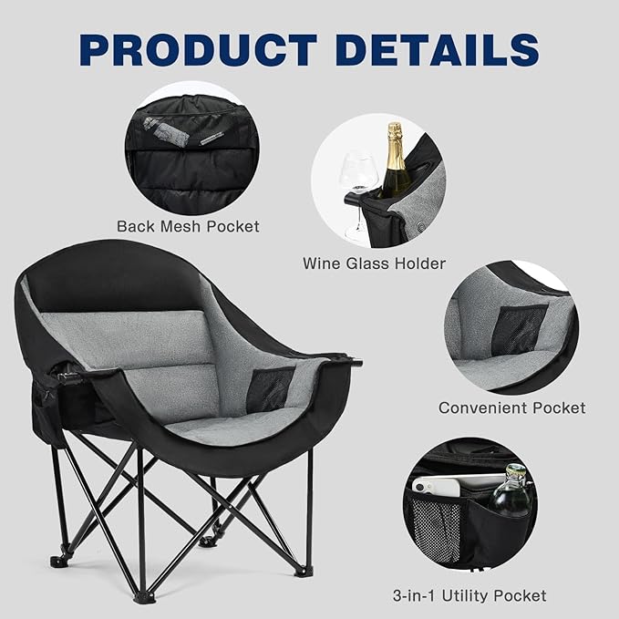 apollo walker Oversized Camping Chair - Heavy Duty 500lbs Camping Chairs for Adults with Cup Holder & Cooler Bag, Folding Lawn Chair for Outdoor, Beach, Concert, Stadium