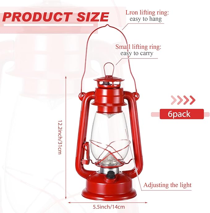 Hortsun 6 Pcs 12 Inch Vintage LED Hurricane Lantern Metal Red Outdoor Battery Operated Hanging Lantern with Warm LEDs and Dimmer Switch for Indoor Rustic Farmhouse Country Camping Decor