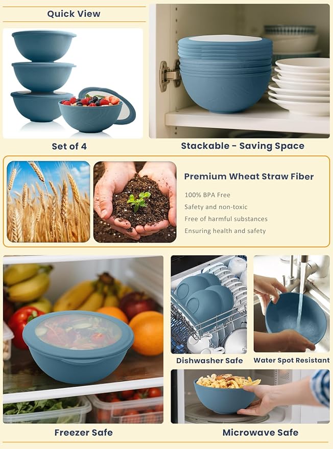 Homienly Bowls for Kitchen, Wheat Straw Bowls with Lids, Salad Container for Lunch, Unbreakable Microwave and Dishwasher Safe 40 OZ Large Bowl for Soup, Cereal, Ramen, RV, Camping, College Dorm, Blue