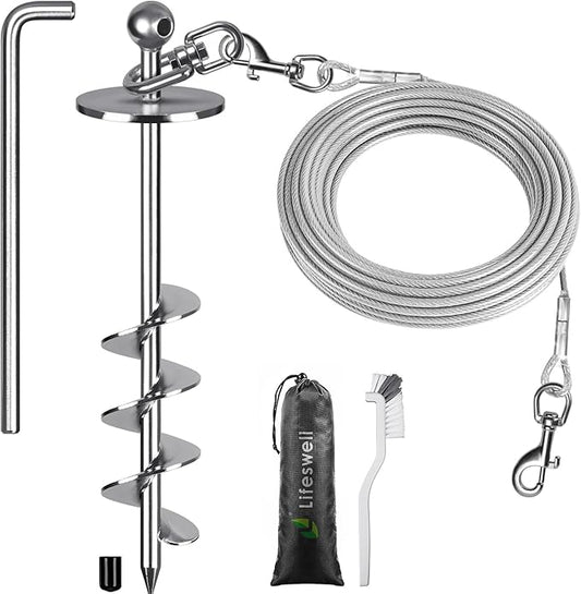 Dog Tie-Out Cable and Stake – 30ft Chew-Proof Stainless Steel Cable, 16-Inch Heavy-Duty Dog Anchor for Dogs Up to 200lbs, No Tangle, Dog Runner for Yard and Camping
