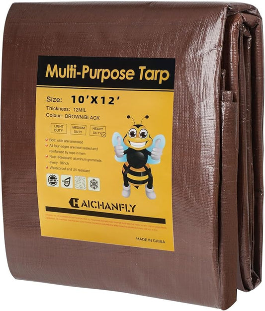 Heavy Duty Double-Sided Waterproof Poly Tarp 10x12 Feet 12mil Thick Polyethylene Tarps, Perfect for Outdoor Use, Plastic Cover & Mat for Tent Camping Storage Boat Bikes Vehicles