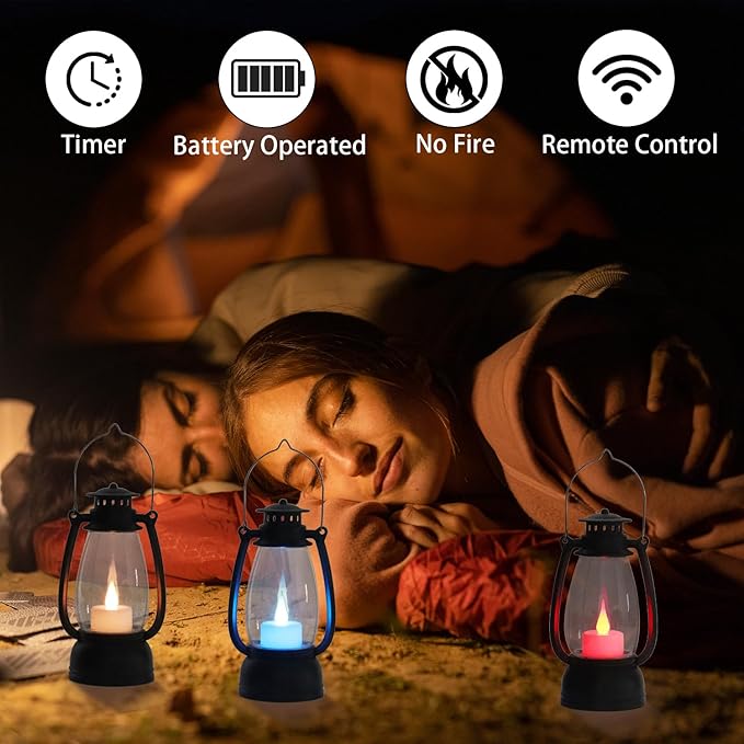 LLQ Small Western Lanterns Decorative with Remote Timer & Color Changing for Table Centerpieces, Small Lanterns Vintage Camping Hanging Lamp Ornaments for Cowboy Wedding Halloween Christmas, 4-Pack