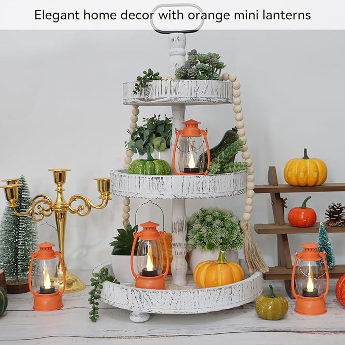 Orange Mini Lanterns Decorative 6-Pcs for Fall Halloween Thanksgiving Decoration, Small Western Lantern with LED Flickering Candle for Cowboy Camping Christmas Wedding Decor, Centerpiece Table