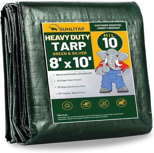 10 Mil Heavy Duty Waterproof Tarps, 8x10 Ft Finished Size Tarps, Premium Tarp with Metal Grommets & Reinforced Edge, Multipurpose Thick Poly Tarp for Car, Boat, Roof, Camping - Green