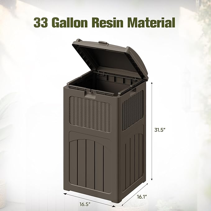 Devoko 33 Gallon Outdoor Trash Can with Dual Lid, Heavy Duty Waterproof Resin Garbage Bins Outside, Hideaway Waste Bins for Patio, Outside Pool, Backyard and Deck (2, Deep Brown)