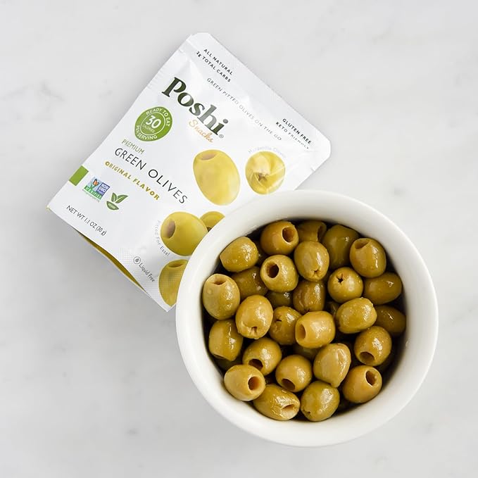 Poshi Green Olives On-The-Go - Original Flavor - Single Serve Pitted Olives - Convenient and Healthy Snack Packs - All Natural, Non-GMO, Kosher, Gluten-Free - 1.1 Oz Bags (30/Pack)