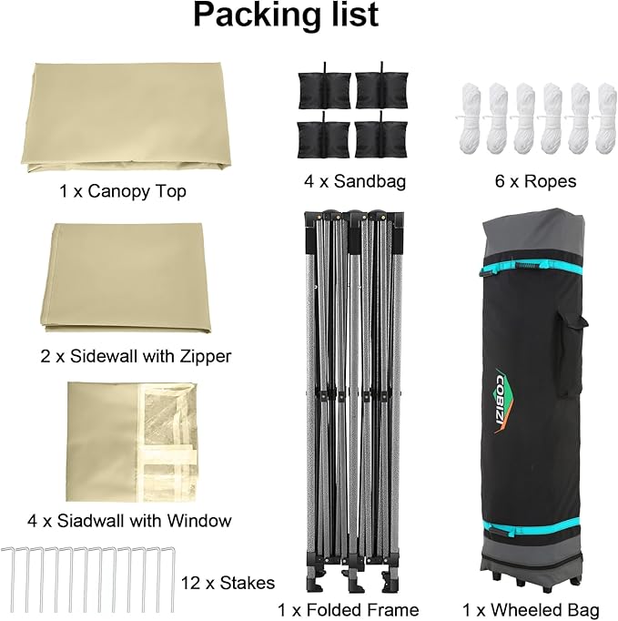COBIZI 10x20 Pop up Canopy Tent 10x20 Canopy with 6 Sidewalls Waterproof Heavy Duty Gazebo Commercial Canopy Tent for Parties Outdoor Tent Gazebo Tent, Carry Bag with Wheel(10x20ft, Khaki)