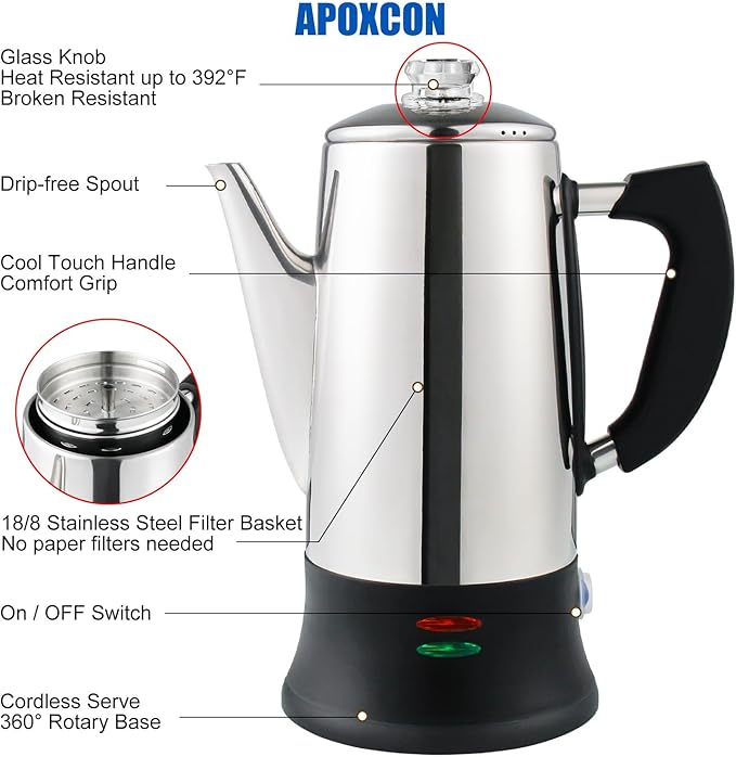 Electric Coffee Percolator Stainless Steel Coffee Maker with Heat Resistant Tough Glass Clear Brew Progress Knob, Keep Warm & Cordless Serving Classic Coffee Pot with On/OFF Switch 12 Cup