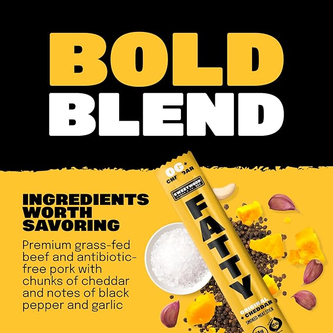 FATTY Meat Sticks, High Protein, Made with Grass Fed Beef, Pork Raised Without Antibiotics, 13g Protein Per Stick, Original Cheddar, 2 oz. (Pack of 20)