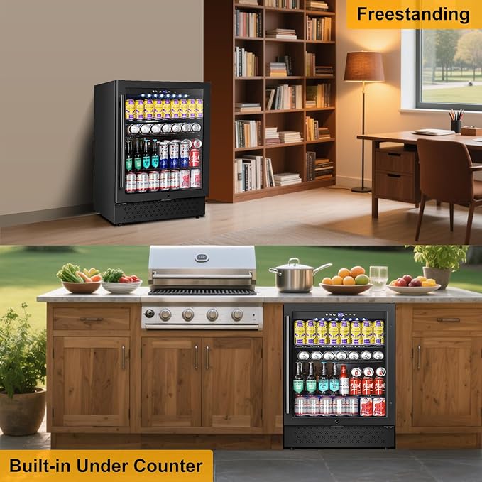 Beverage Refrigerator 24 Inch 200 Can Drink Fridge with Glass Door, Under Counter/Freestanding Beverage Cooler with Temperature Control, Reversible Door, Quick Cooling for Beer Soda Wine, Black