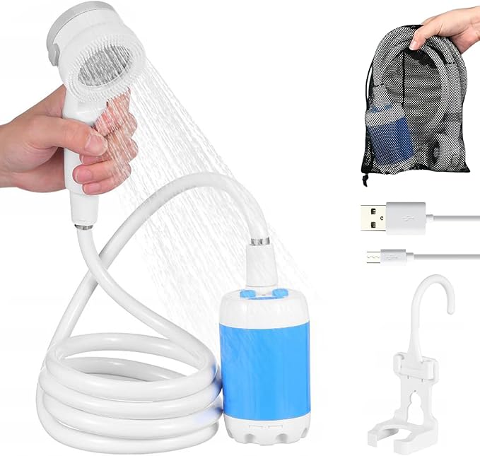Portable Camping Shower Pump - Electric Outdoor Shower w/ 78 Inch Hose, Rechargeable & Waterproof for Beach, Hiking, RV | Ducha Portatil