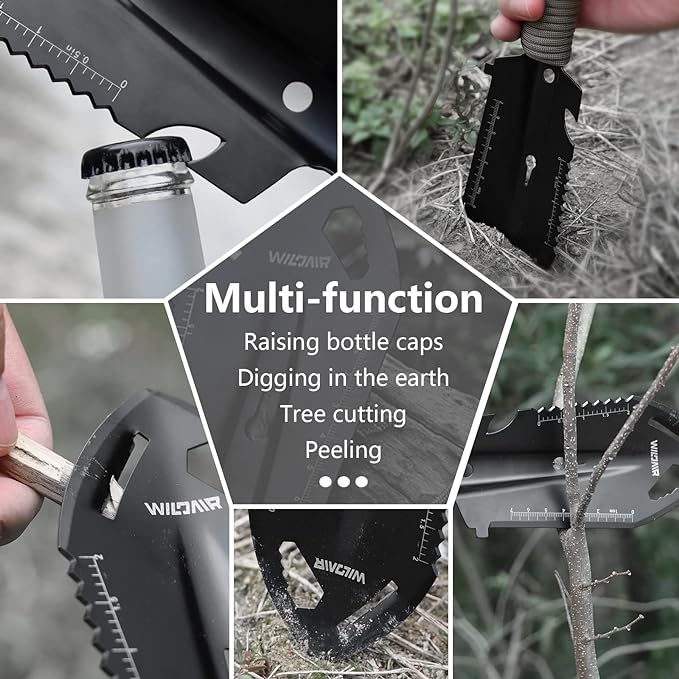 WILDAIR Camping Shovel Multifunctional 7 in 1 Survival Multitool Small Survival Shovel for Camping Tactical Shovel (Black)