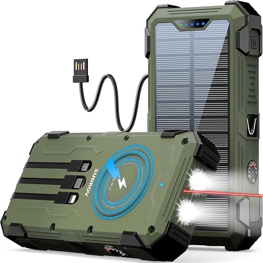 Solar Power Bank 42,800mAh, 15W Wireless Portable Charger with Built-in Cables, Outdoor Solar Battery Pack with LED Flashlight, Fast Charging for iPhone, Samsung, iPad etc