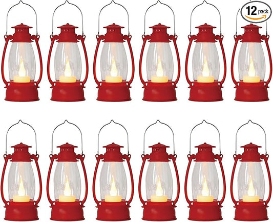 12Pcs Red Mini Lanterns for Centerpiece – Vintage Lantern Decor for Christmas, Halloween, Weddings & Western Party – Hanging Ornaments Bulk with Flicker LED Candle for Cowgirl, Camping Decor