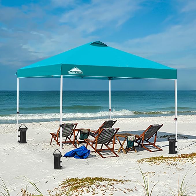 EAGLE PEAK Pop Up Canopy Tent with Wheeled Carry Bag, 8 Stakes, 4 Ropes, 4 Weight Bags, Easy Set Up Tent Canopy, 10x10 ft, 100sqft of Shade, Turquoise