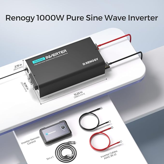 Renogy Inverter PUH, 1000W Pure Sine Wave Power Inverter with UPS Transfer Switch & Bluetooth, 12V DC to 120V AC Converter for RV, Truck, Home,Camping - 2000W Surge Power, Remote Monitoring