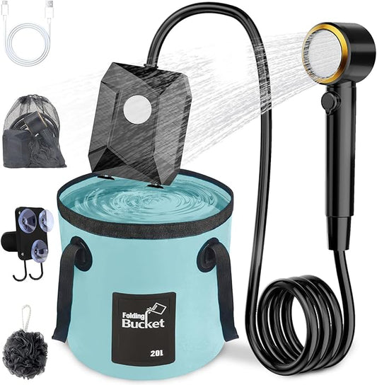 Portable Shower for Camping with 20L Foldable Bucket, 5 Pressure Levels Rechargeable Camping Shower Pump with Camping Light & Intelligent LED Display, 6000mAh Outdoor Shower for Hiking, Travel, Car