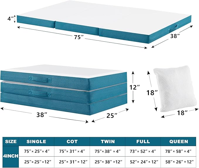 SINWEEK Memory Foam Folding Mattress, 4 Inch Foldable Trifold Mattress Topper, CertiPUR-US Certified Guest Bed with Cooling Cover & Waterproof Lining