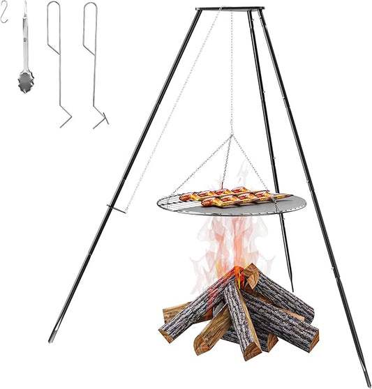 Campfire Tripod for Cooking, Portable & Collapsible Camping Cooking Tripod Grill with Round Grate for BBQ Picnic Outdoor Cookware Party