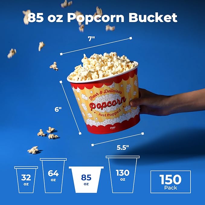 Fit Meal Prep 150 Pack Classic Paper Popcorn Buckets Disposable, 85 Oz Grease Resistant Popcorn Bowls Cups for Machine Home Theater Carnival Movie Night