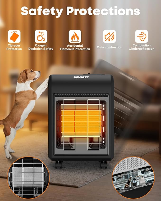 Kohree Propane Heater, 18,000 BTU Portable LP Gas Heater with ODS & Tip-over Protection, Gas Regulator & Hose, Outdoor Propane Tank Heater for Patio, Garage, Camping, Heating Up to 450 Sq. Ft (Black)