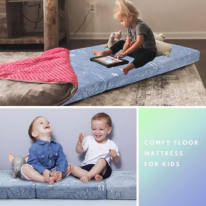 MeMoreCool Glow Space-Themed Foldable Floor Mattress for Kids, Trifold Nap Mat with Planets and Stars, Portable Daycare Sleeping Futon or Floor Bed, 57x22 Inch