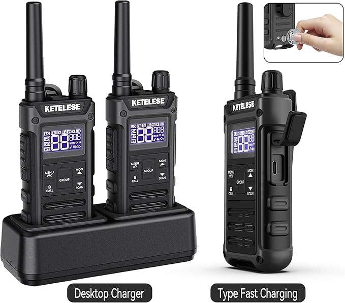 T3G Heavy Duty Walkie Talkies for Adults, IP67 Waterproof Long Range 2 Way Radio, with Earpiece and Mic, Type-C Charge Dock&Cable, VOX, NOAA, PTT, Group 2 Pack, Black/Grey