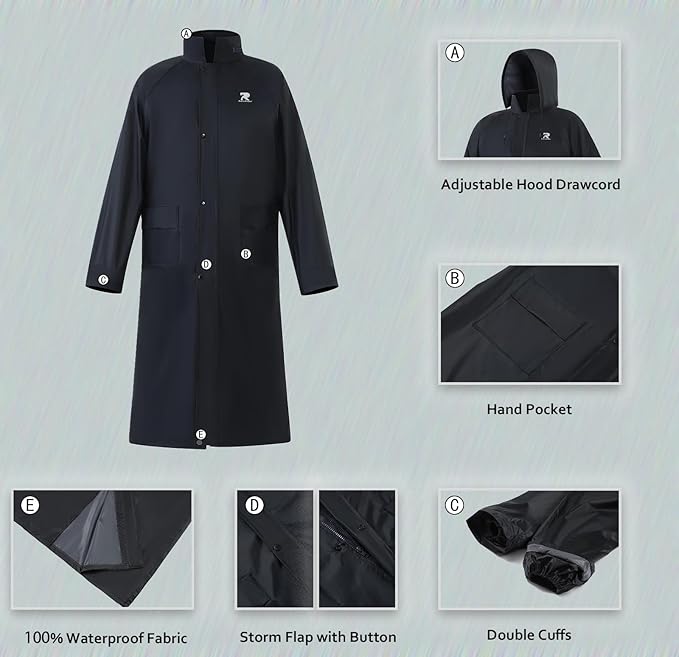 RainRider Raincoat for Men Waterproof Long Rain Jacket with Stowable Hood Lightweight Rain Gear Poncho for Unisex