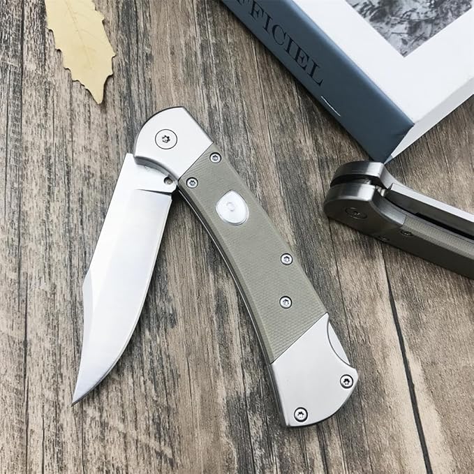 push button assisted opening Folding Knife,440C Stainless Steel Blade, Backlock G10 Handle with Leather Sheath, EDC Pocket Knives for Men (Khaki)