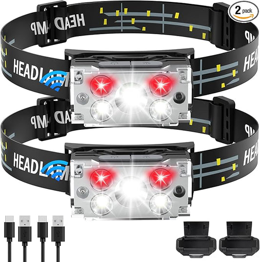 DAWINSIE Headlamp LED Rechargeable (2 PCS), Head Lamp with Motion Sensor, 6 Modes Waterproof Head Light Flashlight for Hiking, Running, Repairing, Fishing, Cycling